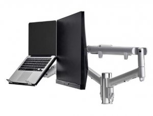 Atdec Awm Dual Monitor Arm Solution - Dynamic Arms  - 135mm Post - F Clamp - Silver With A Note Book Tray