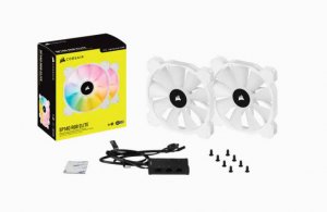 Corsair White Sp140 Rgb Elite, 140mm Rgb Led Fan With Airguide, 68 Cfm, Dual Pack With Lighting Node Core