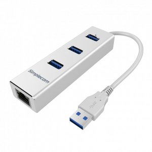 Simplecom Chn410 Silver Aluminium 3 Port Usb 3.0 Hub Gigabit Ethernet Rj45 Adapter 1000mbps For Pc Mac