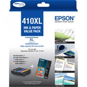 Epson 410xl Mega Pack 5 Ink Cmyk Pbk  20 Sht 4x6 Paper For Xp-530 630 540 640