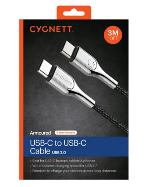 Cygnett Usb-c To Usb-c (usb 2.0) Cable (3m) - Black (cy3742pctyc), Supports 5a/100w Fast Charging, 480mbps Transfer Speeds, Double Braided Nylon Cable