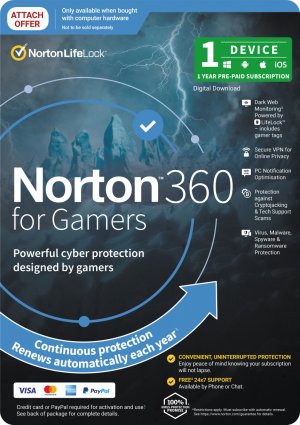 Norton 360 For Gamer Edition, 1 Device, Mac, Ios, Android, Pc, Oem Attach, Subscription Only