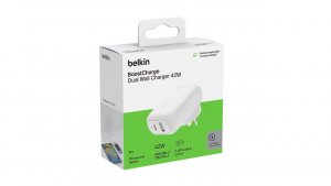Belkin Wcb009auwh Boostcharge 42w Dual Usb-a + Usb-c Wall Charger, White, 2yr With Pps And Pd