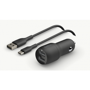 Belkin Cce001bt1mbk 2 Port Car Charger, 12w/2.4a Usb-a (2), 1x 1m Usb-a To Usb-c Cable, 2yr Wty