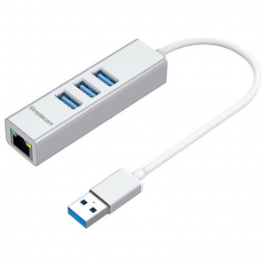 Simplecom Chn420 Silver Aluminium 3 Port Superspeed Usb Hub With Gigabit Ethernet Adapter