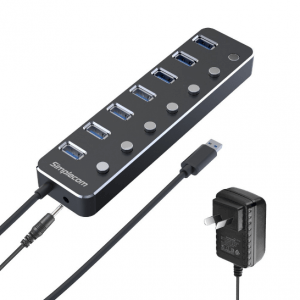 Simplecom Ch375ps Aluminium 7 Port Usb 3.0 Hub With Individual Switches And Power Adapter