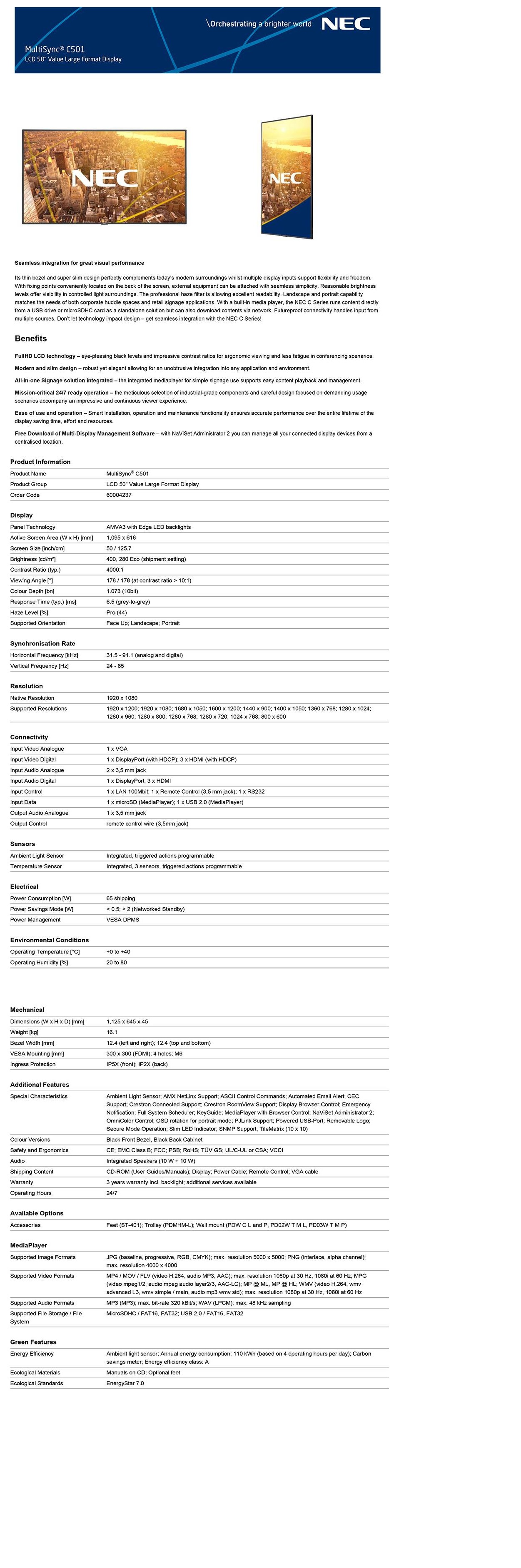 Buy NEC C501 50" Class Full HD Commercial LED Display | Skycomp